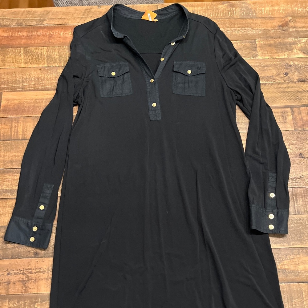 Tory Burch Black Rayon Knee Length Dress Size XL Long Sleeve with Gold Buttons